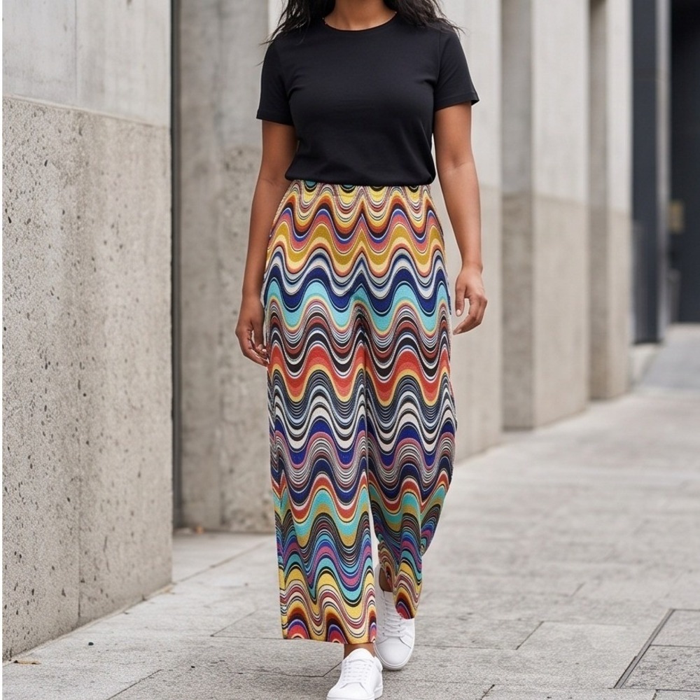 Melissa Paige L Multi Color Wavy Chevron Pleated Wide Leg Palazzo Pants